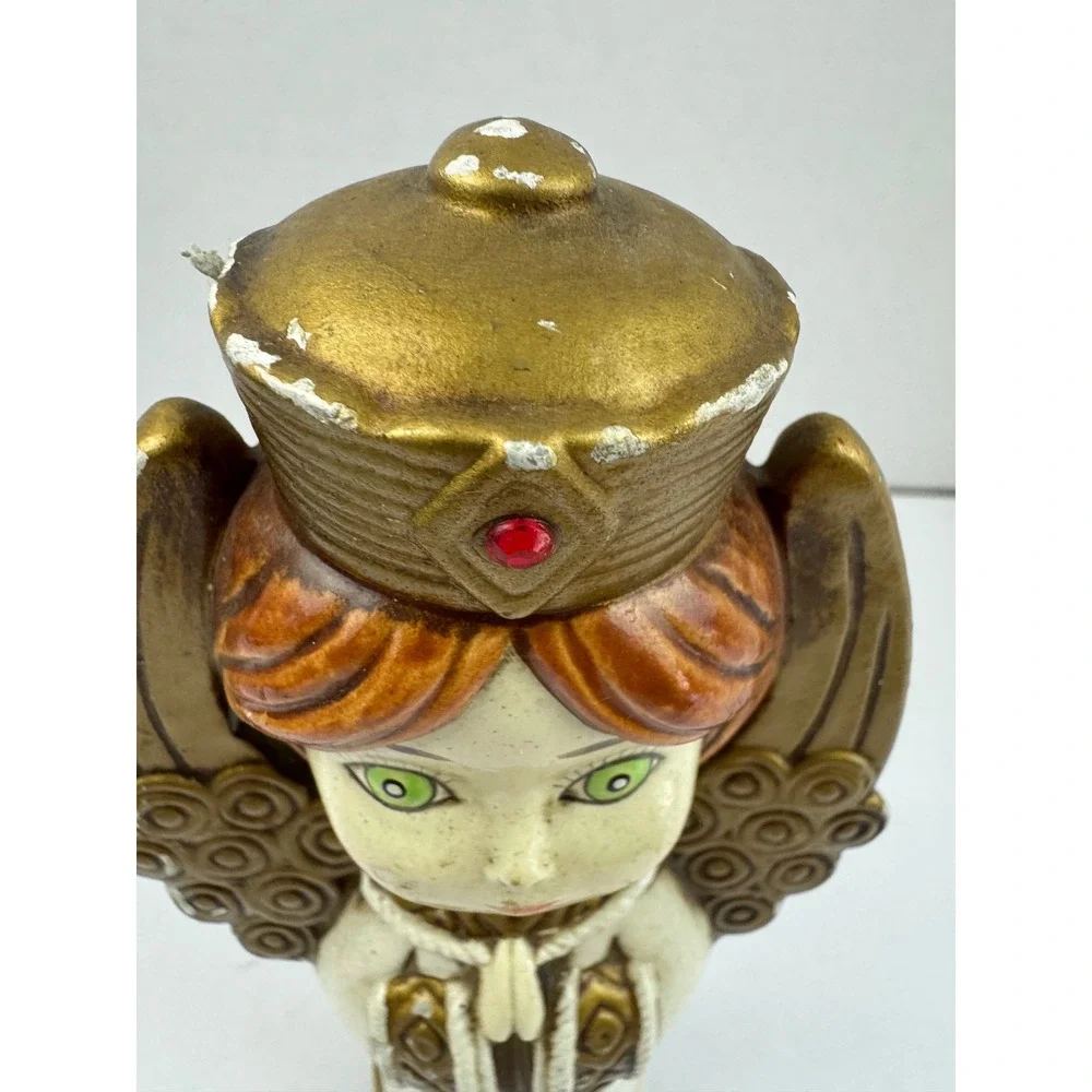 Vintage Ceramic Papier Mache Angel Figurine Gold Crown Wings Mid Century Decor